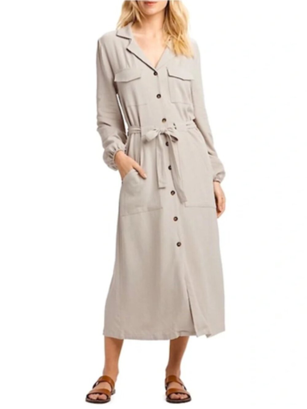 Lolë Linen Blend Long Sleeve Belted Button Front Midi Shirt Dress Greige Large